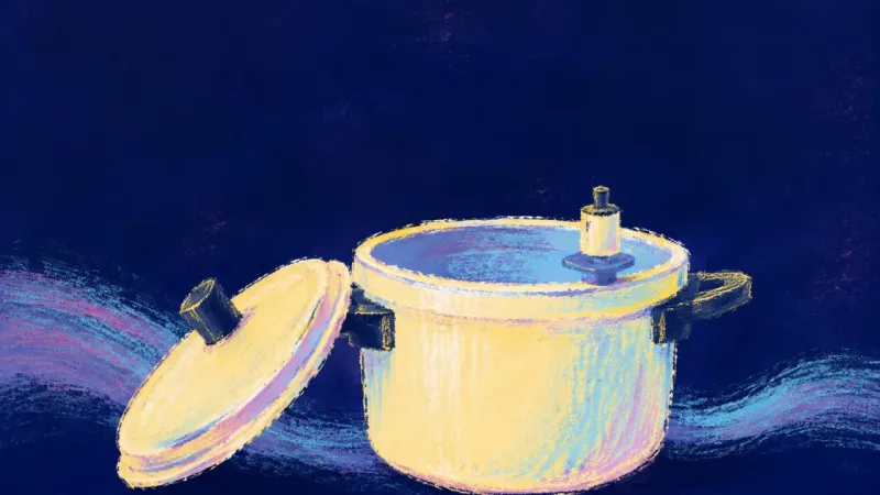 A restored pressure cooker with its lid released, representing anger translated into clear limits, 2