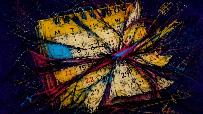 Future Grid Collapse A distorted calendar trapped in tangled lines represents future-talk attachment and overcommitment