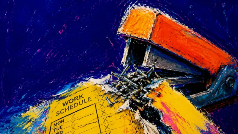 Fastened to Maybe A jammed stapler repeatedly tears through one work schedule, symbolizing the urge to force an unst