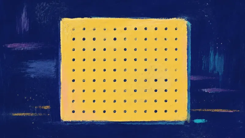 Measured Openings A restored pegboard with an orderly grid, representing job uncertainty met with balanced evidence, a