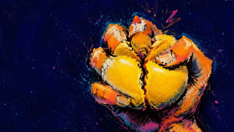 Permission Under Pressure A stress ball crushed until it splits inside a clenched hand, symbolizing the urge to escape real AI