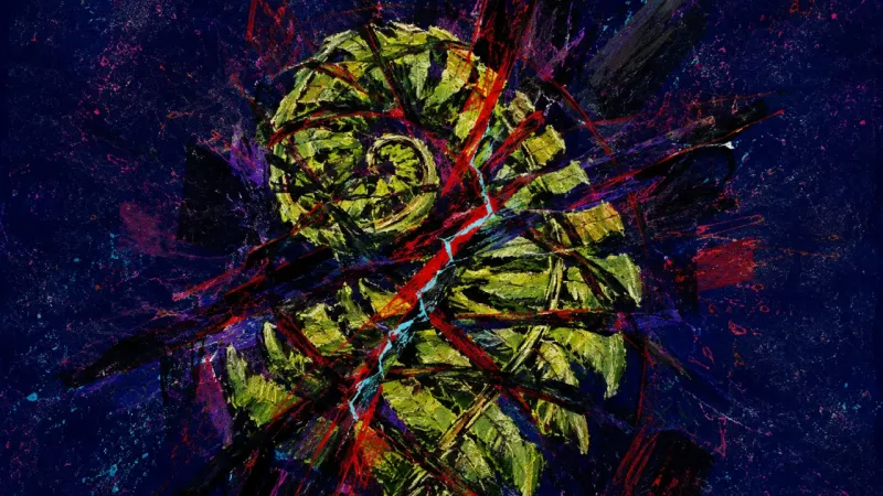 Arrested Unfurling A tightly compressed fern caught in a dense tangle, representing shortcut temptation, self-doubt,