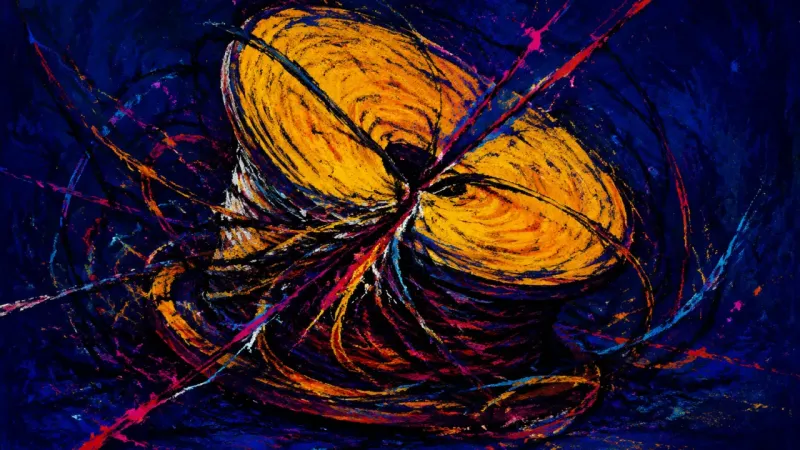 An abstract crushed spool tangled in chaotic lines, representing relational self-silencing and the​​