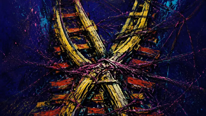 Routes Bound Shut A distorted rail switch trapped in tangled lines, representing hidden self-direction and fear of