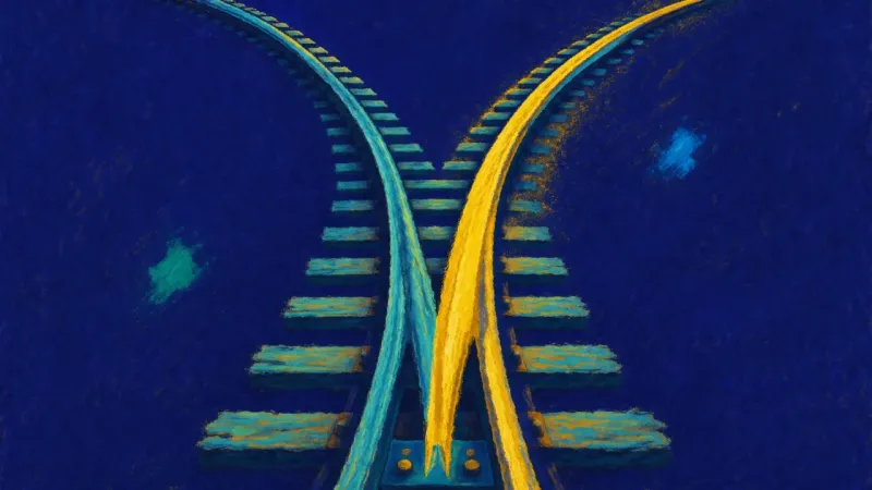 Route Without Rupture A restored rail switch with one clear route, representing bounded honesty, practical self-trust, and
