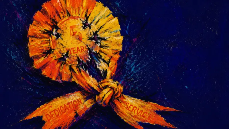 Applause as Contract A crushed work-anniversary rosette with knotted, split tails, symbolizing how past recognition can