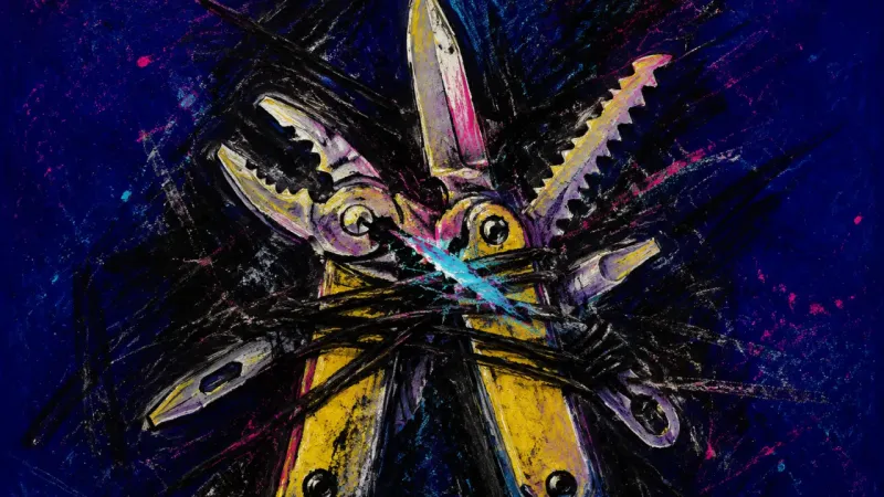 Tools Under Contract A crushed multitool bound into one unusable shape, representing sunk-cost guilt and the pressure to