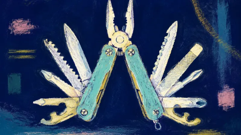 Proof Set Free A fully unfolded multitool in balanced order, representing freedom from sunk-cost guilt and trust in