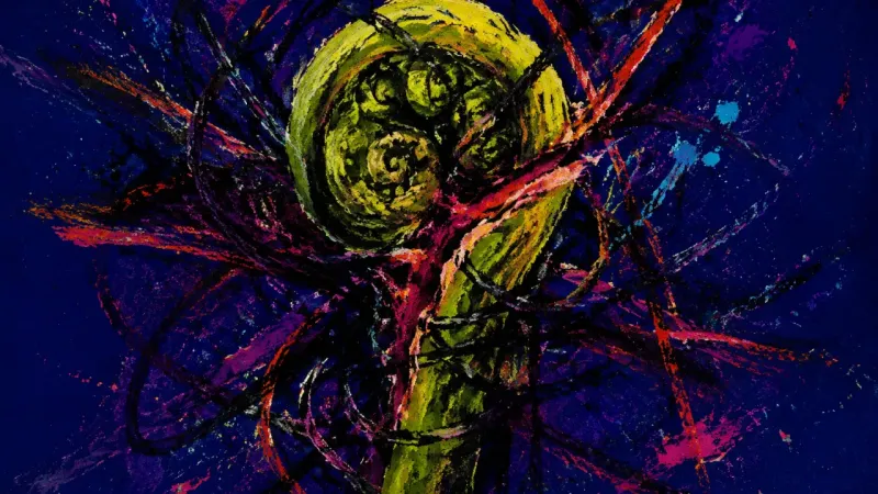 Fiddlehead Under Pressure A compressed fiddlehead tangled in chaotic strokes, representing attachment to a brief intense