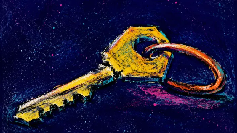 A twisted house key with buckled teeth, symbolizing the urge to secure belonging before a couple is-