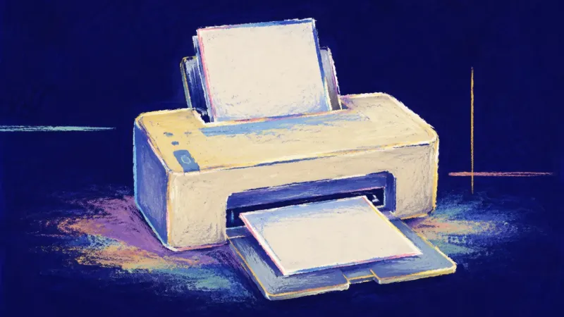 Draft in Motion A restored printer moving one unedited page along a clear path, representing thesis learning through