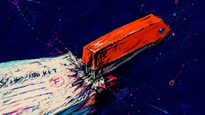 The Productive Decoy A jammed stapler crushes one corner of a study packet, symbolizing study avoidance through repeated