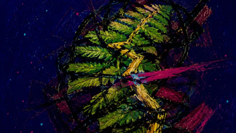 Frond Under Siege A crushed fern bound by chaotic lines represents the guilt and paralysis of escaping difficult study