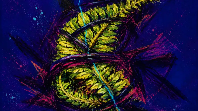 Unfurling Denied A tightly coiled fern frond trapped by crossing lines, representing self-doubt and stalled practice