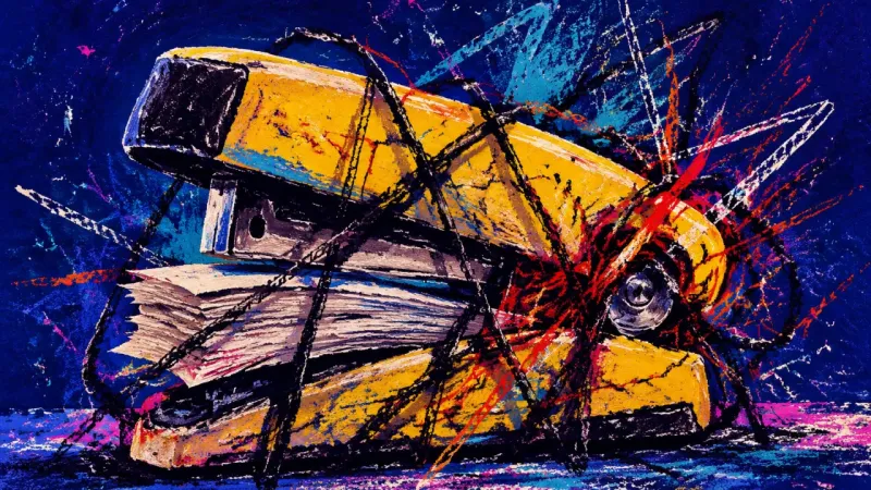 An abstract stapler crushed around misaligned pages, representing emotional overextension and fear​