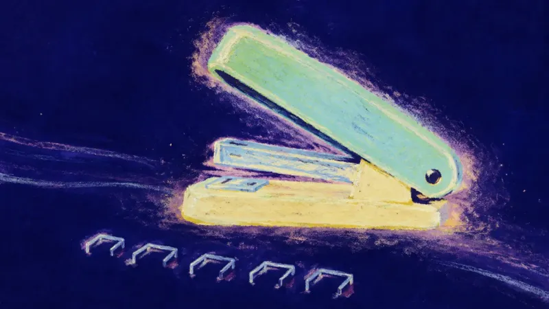 An abstract stapler restored to an open, orderly form, representing clear boundaries, mutual care,​