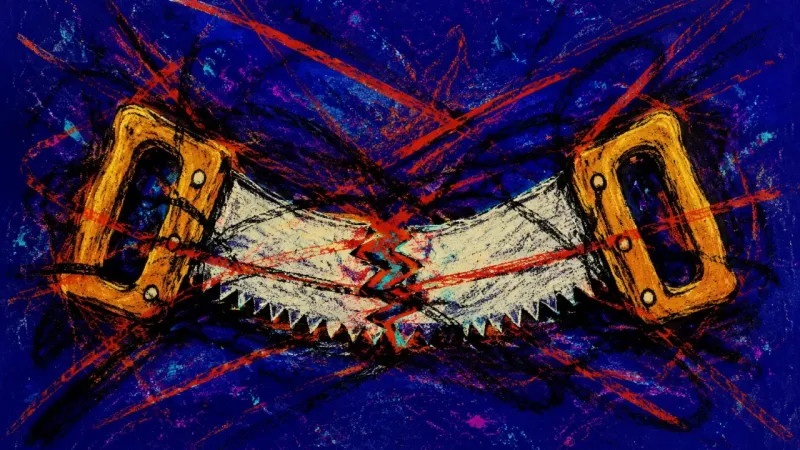 A bowed crosscut saw trapped by dense crossing lines, representing the pressure and resentment of