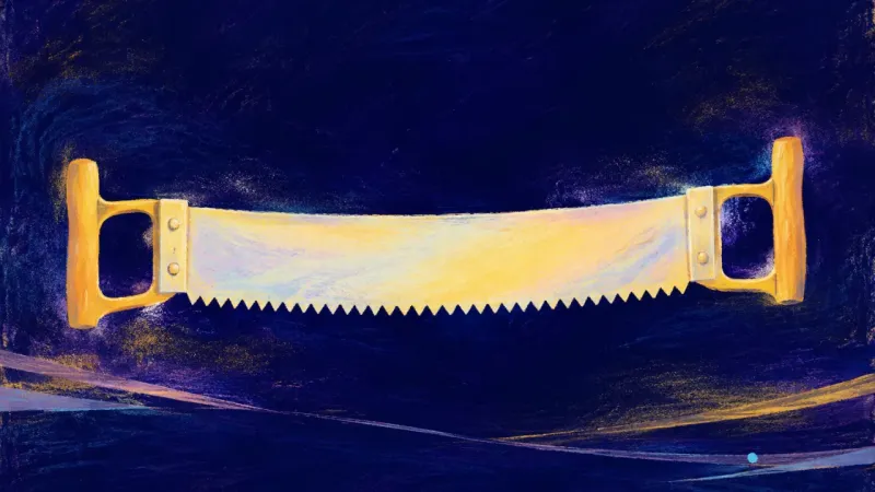 A restored crosscut saw with two distinct handles and an even tooth line, representing care,account