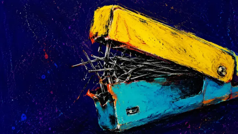 A stapler crushed around a dense jam of bent staples, symbolizing work stalled by the need forre peo