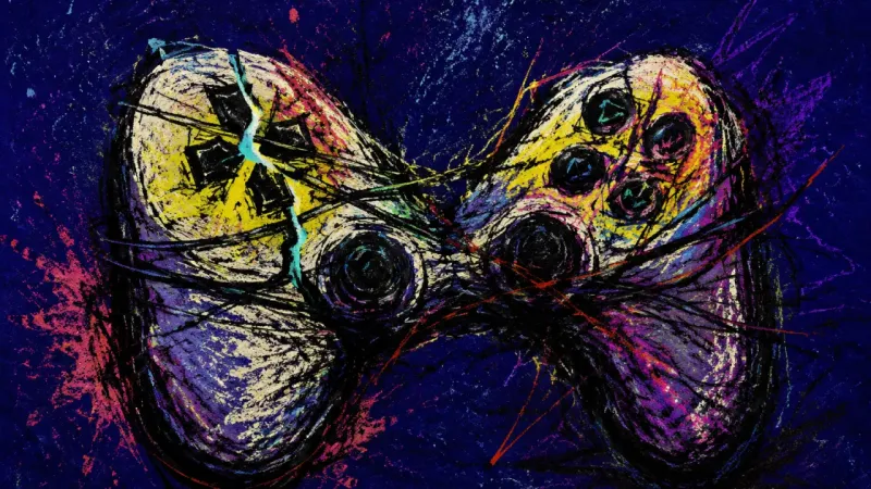 A distorted game controller bound by conflicting lines, representing approval-dependent self-doubt