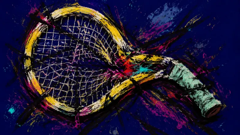 Racket Under Pressure A distorted tennis racket trapped in tangled lines, representing restless escape fantasies and an