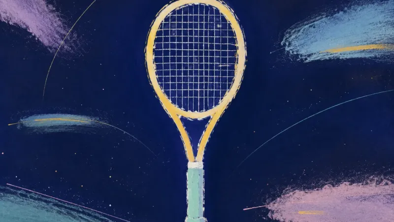 Tension Rebalanced A restored tennis racket with an orderly string grid, representing escape fantasy resolved into a