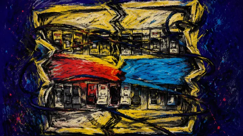 Capacity Under Siege A buckled circuit breaker panel bound by chaotic lines represents caretaker burnout and the fear