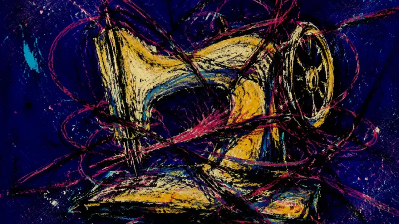 A distorted sewing machine representing self-authorship paralysis beneath an inherited life script