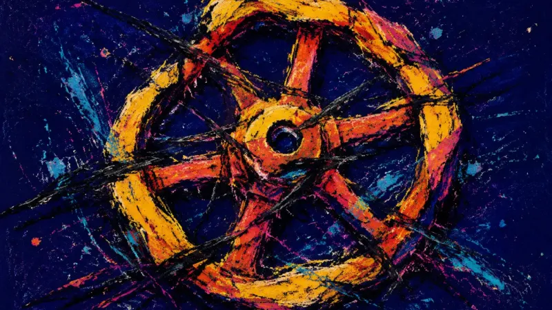 Valve Under Siege A distorted valve wheel trapped in tangled lines, representing suppressed anger, hypervigilant self