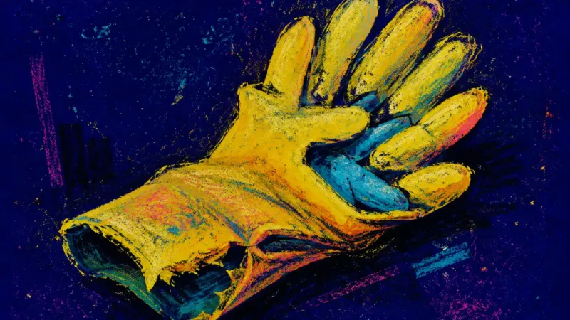 Two Loads, One Hand One cleaning glove is forced into another until both hand shapes buckle, symbolising the hidden loss