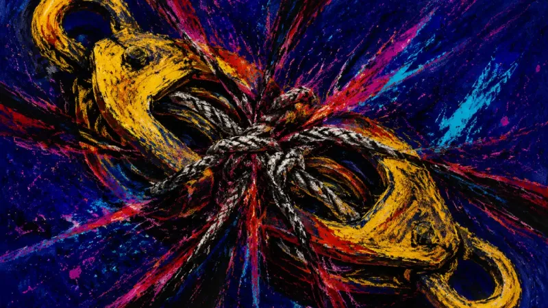 Unequal Tension A crushed block-and-tackle form choked by tangled lines, representing invisible-labour burnout and