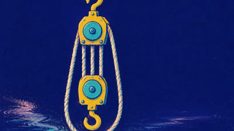 Reciprocity Regained A restored block-and-tackle form with even pulleys and open cord paths, representing shared work, 자기