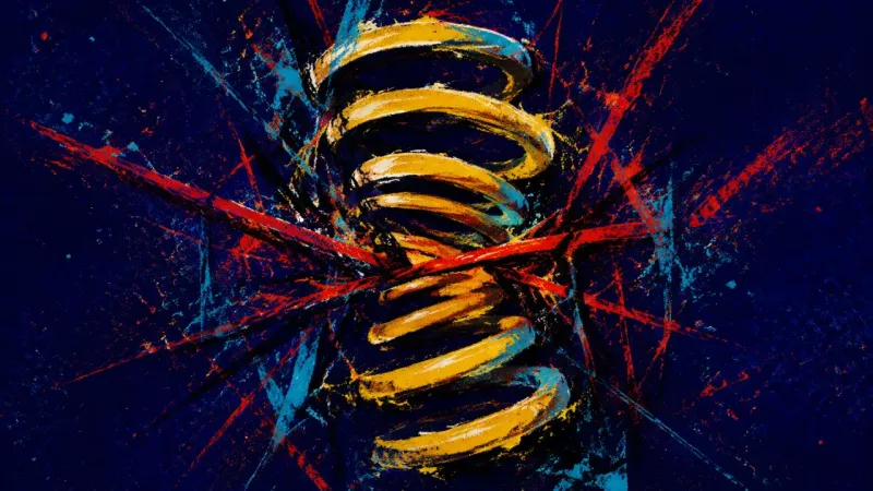 Deferred Tension A compressed spring tangled in chaotic lines represents the pressure of waiting for a promotion with