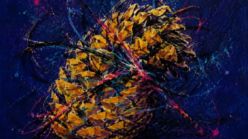 Compressed Judgment A deformed pinecone bound by chaotic lines, representing advice-overload paralysis and the loss of