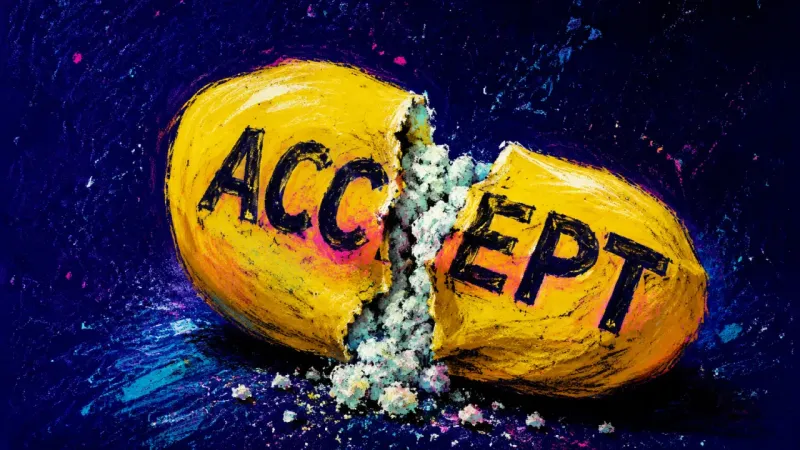 Terms Under Pressure A crushed stress ball marked 'ACCEPT' splits through the lettering, symbolizing urgency that makes p