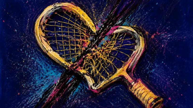 Racket Under Constraint A deformed tennis racket trapped in tangled lines represents excitement distorted by hidden and a