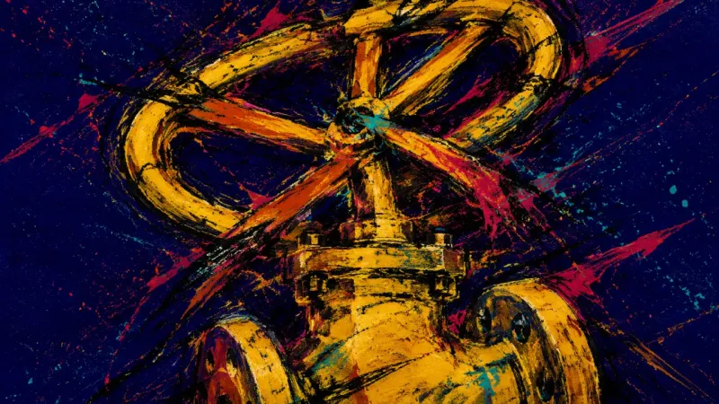 Pressure Without Passage A gate valve crushed by tangled marks, representing resentment compressed by delayed boundaries and