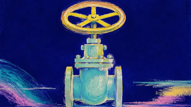 Measured Release A restored gate valve with balanced spokes and a measured opening, representing calmer boundaries, a