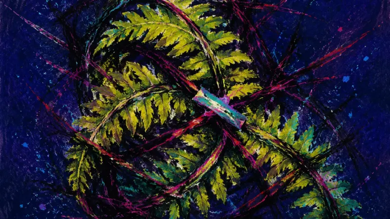 A fern frond crushed into a tangled loop, representing exam procrastination driven by fear that