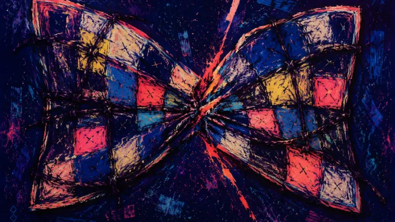 The Bound Archive A quilt distorted by tangled lines, representing sunk-cost attachment and the suppression of present