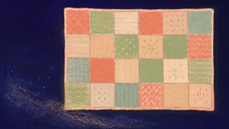 The Repatterned Archive A restored quilt with an orderly patchwork grid, representing clear needs, compassionate boundaries,