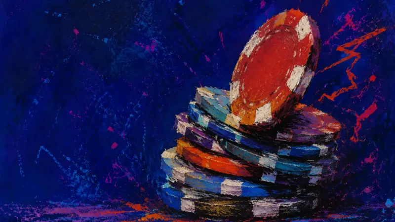 A leaning stack of poker chips captures the fear of leaving a stalled career after years of wasted-s