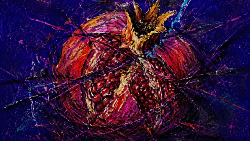 A crushed pomegranate tangled in heavy lines, representing sunk-cost career paralysis and the