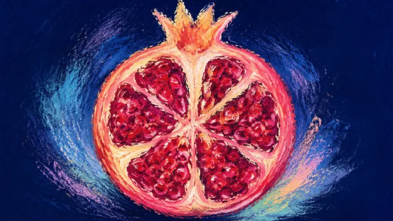A restored pomegranate represents career clarity after sunk-cost paralysis, with its balanced form ́