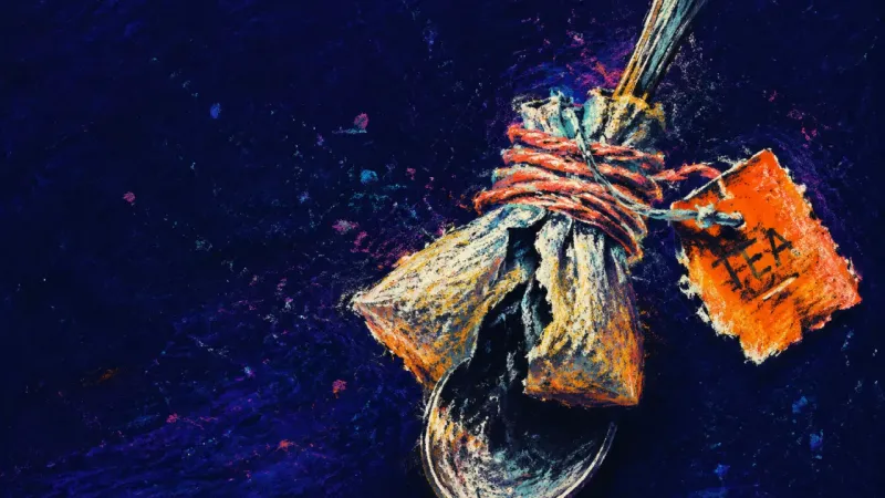 The Unfinished Fix A tea bag wound tightly around a teaspoon until its string and tag tear, reflecting compulsive fixing in a stalled relationship.