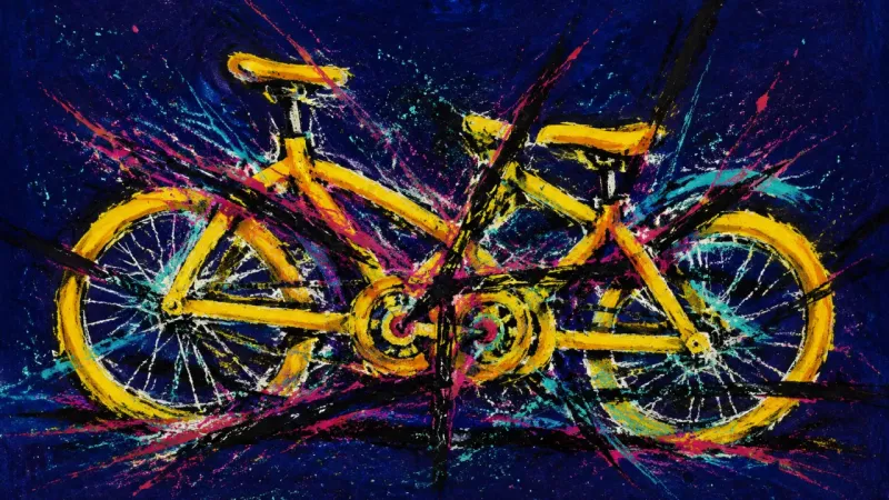 Pedals Under Pressure A tandem bicycle buckled and bound by tangled lines, representing anxious overfunctioning and unequal responsibility in a relationship.