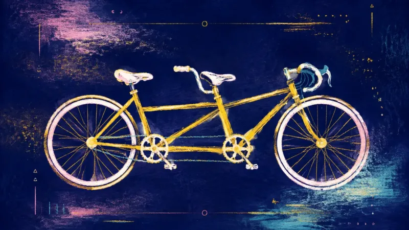 Shared Momentum A restored tandem bicycle with aligned parts and open spacing, representing clear boundaries, reciprocity, and shared responsibility.