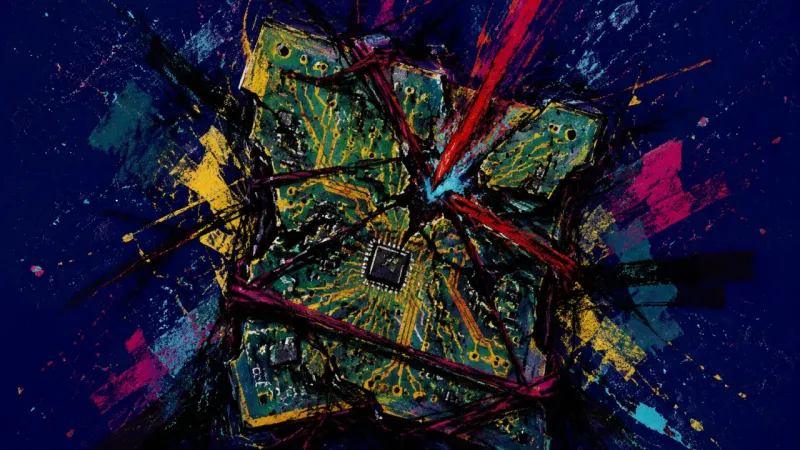 The Severed Circuit A distorted circuit board strangled by crossing lines, representing academic disengagement and effor