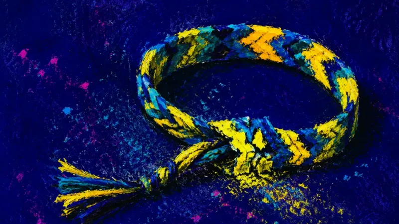 A friendship bracelet pulled into a distorted loop, symbolizing caretaker-role regression and fearof