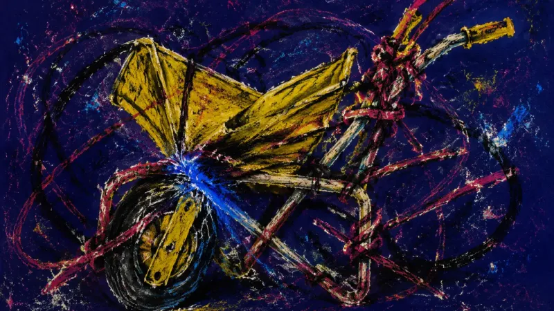 Burden of Tenure A crushed wheelbarrow bound by chaotic lines, representing sunk-cost career paralysis and an oppress